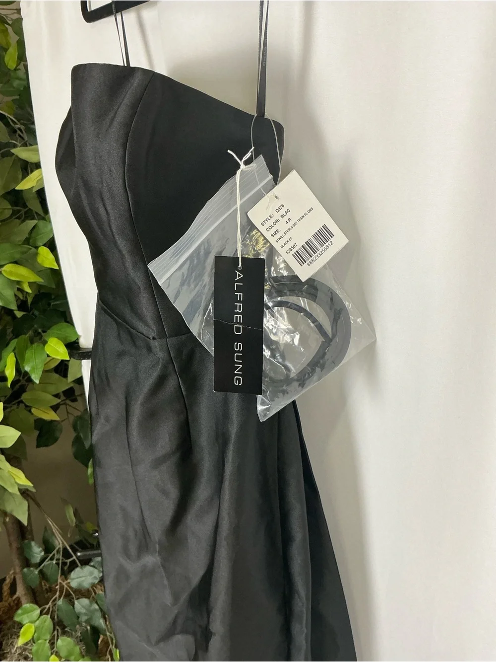 ALFRED SUNG Strapless Black Satin Column Gown with Removable Train - Picture 3 of 7